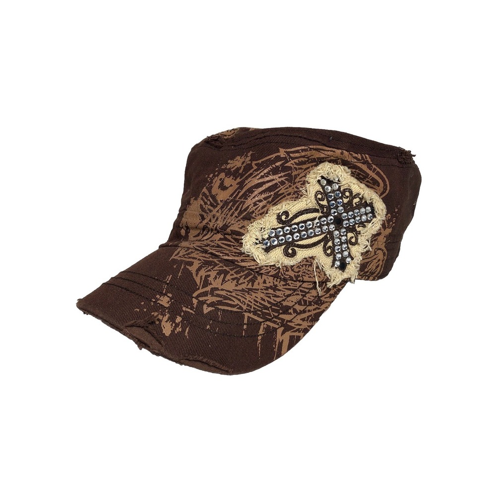 Y2K Bling Cadet Hat Leader Brown Distressed‎ Cross Rhinestone 21.25"